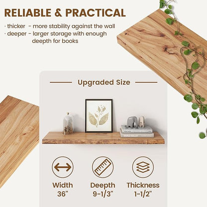 Venusmiles Reclaimed Elm Wood Floating Shelves for Wall, Live Edge 36" W x 9.2" D x 1.4" H, Set of 2 Invisible Wall Mounted Shelves for Living Room Bedroom Kitchen Bathroom Decor, Natural Finish