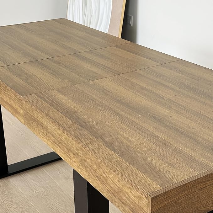 63" - 79" Extendable Dining Room Table, Expandable Kitchen Table for 6 to 10 People, Modern Wood Conference Table, Large Farmhouse Dining Table(Brown & Black, Double-U Base)