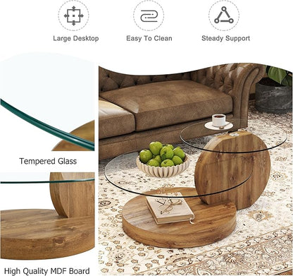 Glass Coffee Table, Modern Round Glass Coffee Table with Wooden Base, 3 Tier Round Coffee Table, Clear Cocktail Table with Storage for Living Room, Office, Balcony (42″ Wood)