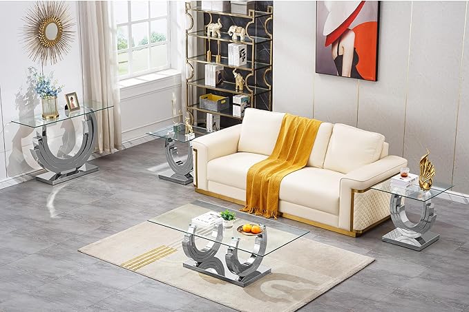 HomVent Glass Coffee Table Set, End Tables Living Room Set of 2, 2 Piece Modern Silver Tempered Glass Top Side Tables Bedroom Set of 2, Rectangle Dinner Center Bedside Sets for Living Room Bedroom