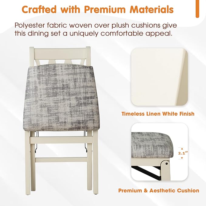 East West Furniture - PNC-LWH-30– Plano Folding Kitchen Chairs with PU Leather Seat, Ready to Use, 3-X Back Design, Set of 2, Linen White Wood Finish