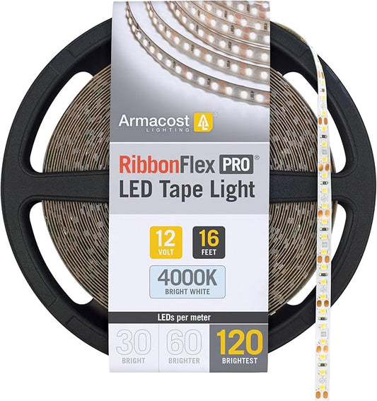 Armacost Lighting RibbonFlex Pro 12V White LED Strip Lights 120 LED/m, 4000K, 16.4 ft 153230