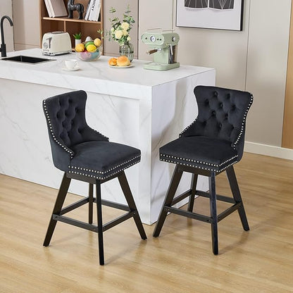 DONICK Velvet Swivel Counter Height Bar Stools,Modern Upholstered Bar Chairs Nailhead Backrest Pull Ring Solid Wood for Bar,Kitchen Island,Pub,Dining Room,Cafe(Black,Set of 6)