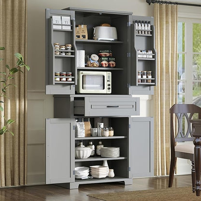 Storage Pantry Cabinet with Door and Shelf Organizer, Kitchen Cupboard for Entryway, Living Room or Bathroom, Adjustable Shelves, Gray