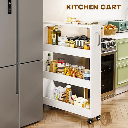 Slim Storage Cart, Lightweight 4 Tier Metal Rolling Utility Kitchen Cart on Wheels, Mobile Storage Shelving Unit Organizer for Bathroom Laundry Office Narrow Places (4 Tier-White, 6" D)
