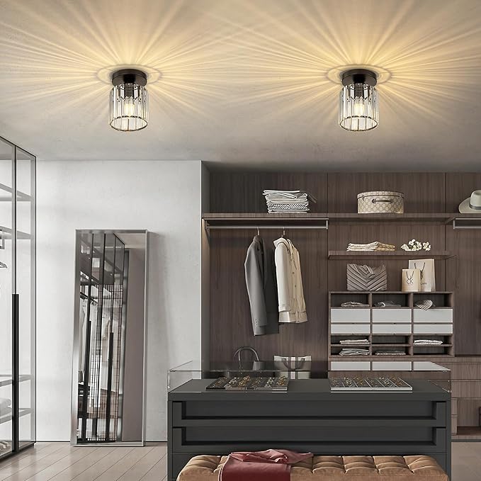 Crystal Ceiling Light, Modern Industrial Semi Flush Mount Ceiling Light Fixtures, E26 Black Indoor Lighting Fixture for Hallway, Entryway, Bathroom, Kitchen, Dining Room, 1-Light