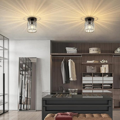 Crystal Ceiling Light, Modern Industrial Semi Flush Mount Ceiling Light Fixtures, E26 Black Indoor Lighting Fixture for Hallway, Entryway, Bathroom, Kitchen, Dining Room, 1-Light