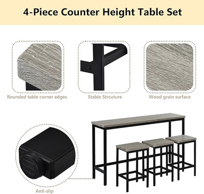 Merax 4-Piece Counter Height 60.2inch Extra Long Dining Table Set with 3 Stools and Side Table with Footrest,Space-Saving Pub Kitchen Set,Gray
