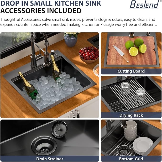 21 Inch Drop In RV Bar Sink - Beslend 21x20 Gunmetal Black Topmount Sink for RV Camper, Black Stainless Steel Wet Bar Workstation with Cutting Board, Roll-up Rack, Drain Assembly & Rinse Grid
