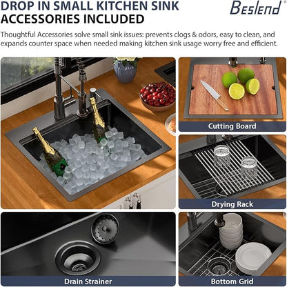 21 Inch Drop In RV Bar Sink - Beslend 21x20 Gunmetal Black Topmount Sink for RV Camper, Black Stainless Steel Wet Bar Workstation with Cutting Board, Roll-up Rack, Drain Assembly & Rinse Grid