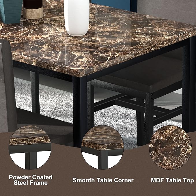 tantohom Dining Table Set for 4, Space Saving Kitchen Table and Chairs Set of 4, 5 Piece Modern Dining Room Table Set with Faux Marble Top and PU Leather Chairs for Small Space, Apartment