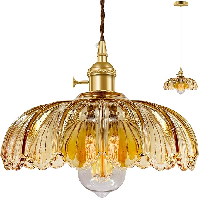 Pendant Light Fixture, Hanging Light Fixture, Glass Shade Pendant Light with Rotary Switch, Modern Lamp for Kitchen Island, Bedroom, Dining Room, Living Room (Amber Lotus, Hard-Wired)