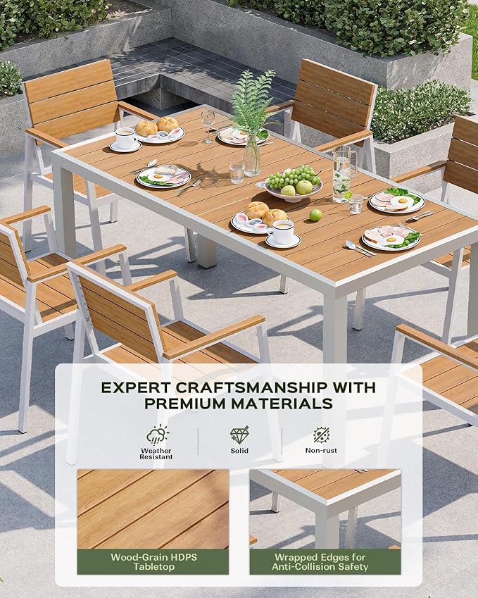Vexwalx 7-Piece Outdoor Dining Set, Aluminum Dining Table Set for 6, Patio Table and Chairs Set with Umbrella Hole, All Weather HDPS Outdoor Table and Chairs for 6 (White-Teak)