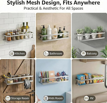 PUSDON 2-Pack 16.5" Extra Long Slim Shower Caddy, Adhesive Wall Mount Bathroom Organizer, Rustproof Open Frame Mesh Spice Rack for Kitchen, Holds 50LBS - Silver Gray, Guardrail