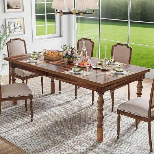 Farmhouse Dining Table, 62" Rectangular Wood Kitchen Table with Turned Legs, Rustic Farmhouse Dining Room Table for 4-6 People, for Dining Room, Kitchen and Living Room