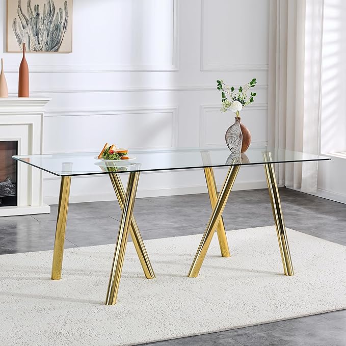 Glass Dining Table for 4 6 8 Pepole,71 Inch Rectangle Kitchen Dining Room Table with 0.39" Thick Tempered Glass Tabletop & Metal Legs, Modern Glass Top Gold Dinner Table for Dining Room