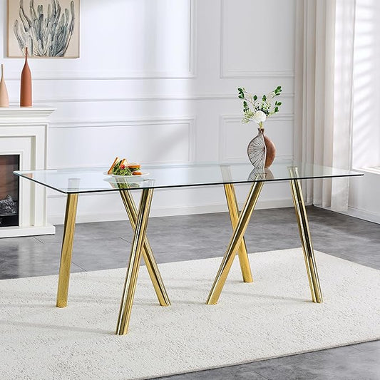 Glass Dining Table for 4 6 8 Pepole,71 Inch Rectangle Kitchen Dining Room Table with 0.39" Thick Tempered Glass Tabletop & Metal Legs, Modern Glass Top Gold Dinner Table for Dining Room