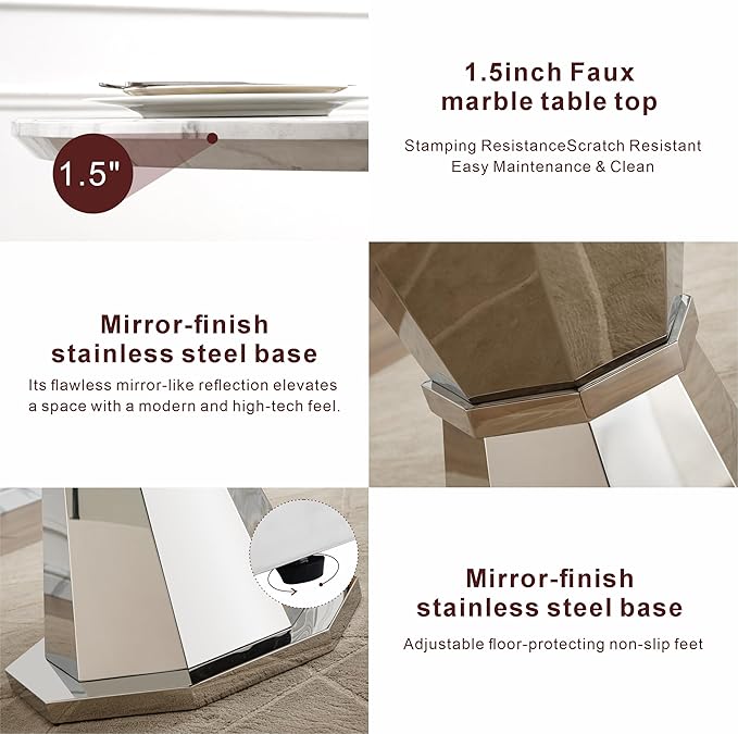 47" Round Marble Dining Table for 4-6, Luxury Modern Kitchen Table with Marble Grain MDF tabletop & Silver Mirrored Stainless Steel Pedestal Base, White Stone Dinner Table for Dining Room (Table Only)