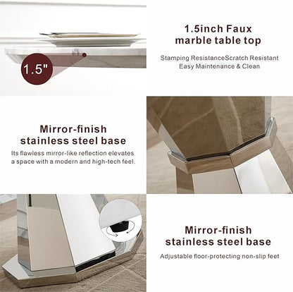 47" Round Marble Dining Table for 4-6, Luxury Modern Kitchen Table with Marble Grain MDF tabletop & Silver Mirrored Stainless Steel Pedestal Base, White Stone Dinner Table for Dining Room (Table Only)