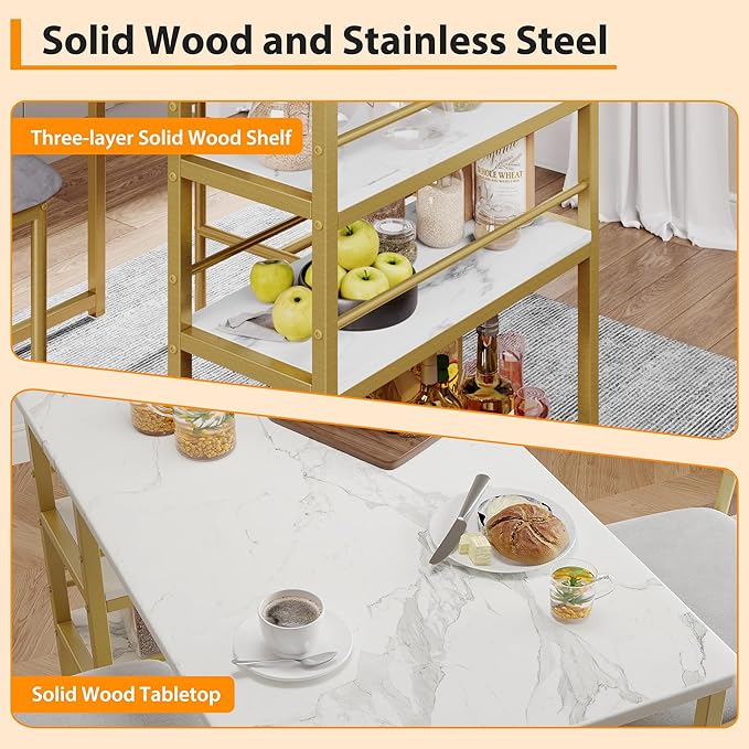Bar Table Set for 2 with 3 Storage Shelves, Space-Saving Kitchen Table & Chairs with PU Cushions, Thick MDF Wood Top and Steel Frame for Apartment and Bistros - Gold