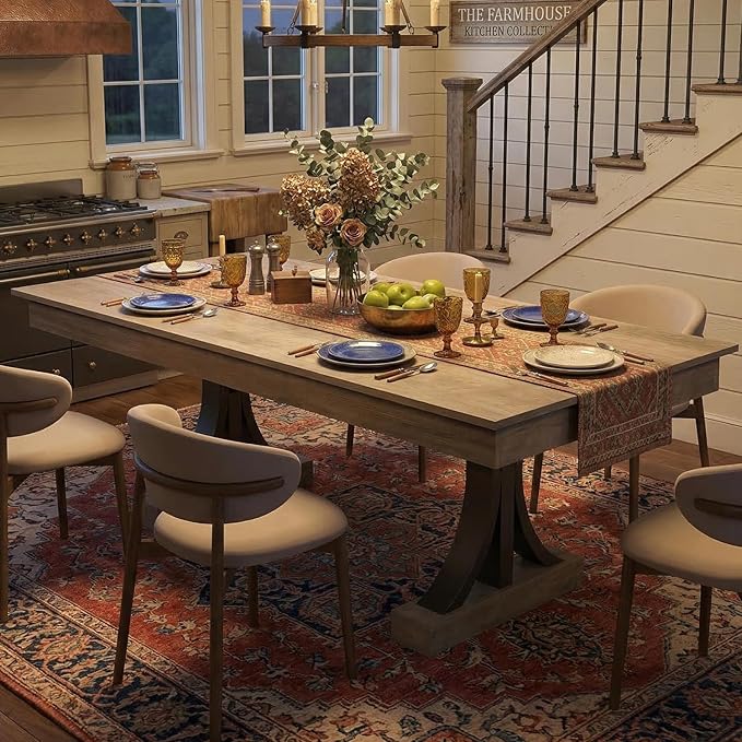 Garvee 71-Inch Wooden Dining Table with 2 Drawers, Rectangular Dining Table w/Large Tabletop & Double Pedestal, Large Kitchen Table for 6-8 with Sturdy Frame, for Dining Room, Kitchen, Rustic Gray