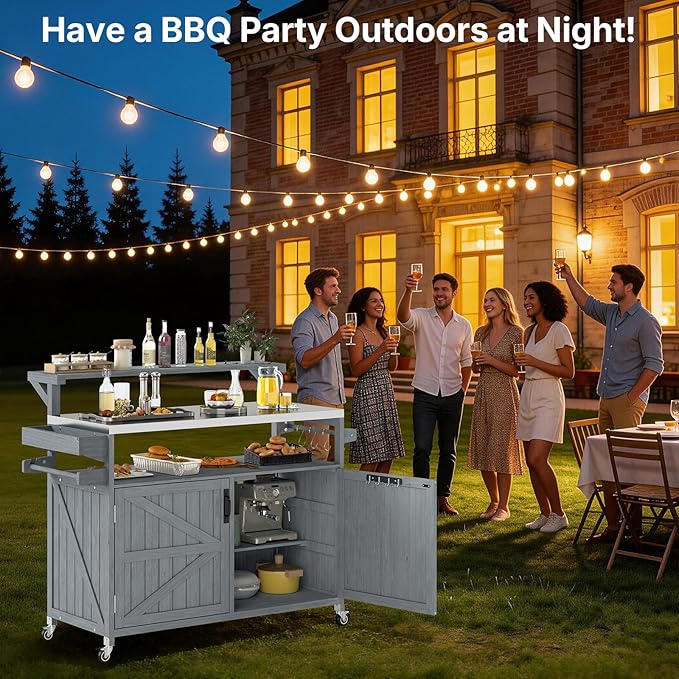 Zevemomo Outdoor Grill Cart with Raised Shelf, Stainless Steel Tabletop Outdoor Kitchen Island, Outdoor Buffet Cabinet with Lockable Wheels, Internal Storage Rack, Spice Rack for Grilling, Grey Blue