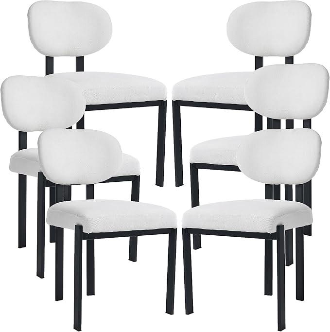 Set of 6 Modern Boucle Dining Chairs, Mid-Century Upholstered Chairs with Black Metal Legs, Ideal for Dining Room, Kitchen Island, Living Room, Bedroom, Home Office, Beige