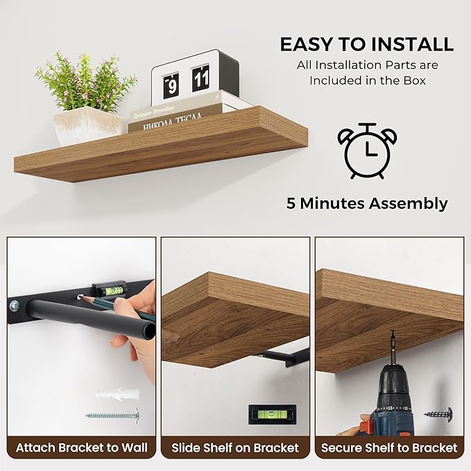 Dreamland 55 Inches Floating Shelves for Wall, 9.8" Deep Long Floating Shelves Set of 2, Large Display & Storage Shelf, Wall Shelf for Bathroom Bedroom Living Room Kitchen Office, Walnut