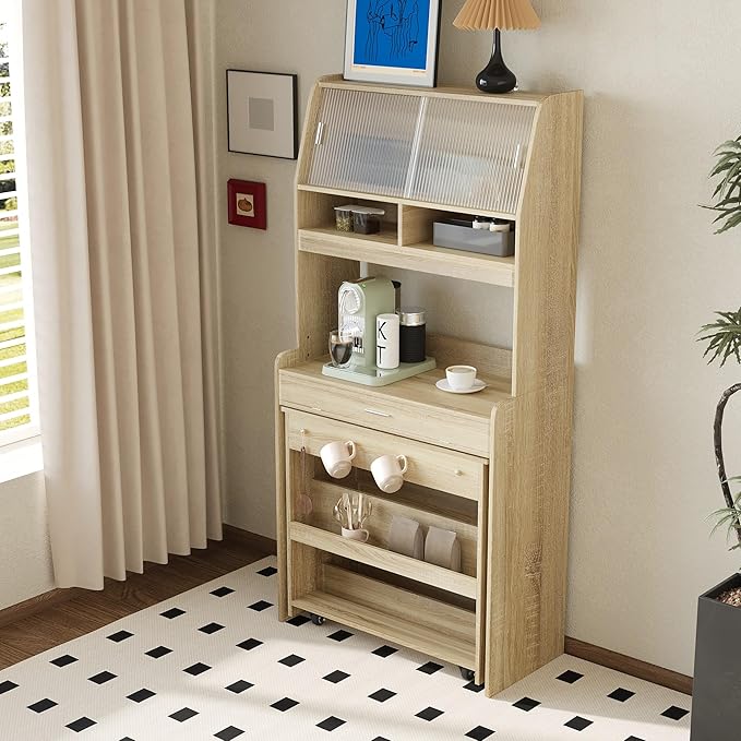 Compact Buffet with Hutch and Foldable Dining Table, Multifunctional Cupboard with Storage Shelf and Side Hooks, 2-in-1 Buffet for Small Places, Studio, Apartment
