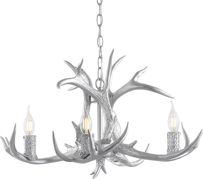 JONATHAN Y 26" Silver Rustic Resin Antler 4-Light LED Chandelier, Farmhouse Faux Deer Horn Hanging Ceiling Light for Dining Room, Kitchen Island, Adjustable Light Fixture (JYL6301C)