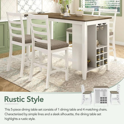 LUMISOL 5 Piece Counter Height Dining Table Set, Solid Wood Kitchen Table Set with 4 Upholstered Chairs, Multi-Functional Table with Bar Wine Compartment and Wineglass Holders, Brown+White