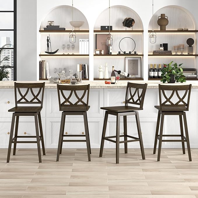 Giantex 29" Bar Stools Set of 2, Swivel Wooden Bar Chairs with Rubber Wood Frame, Footrest & Ergonomic Backrest, Bar Height Barstools for Kitchen Island, Restaurant & Pub, Dark Grey