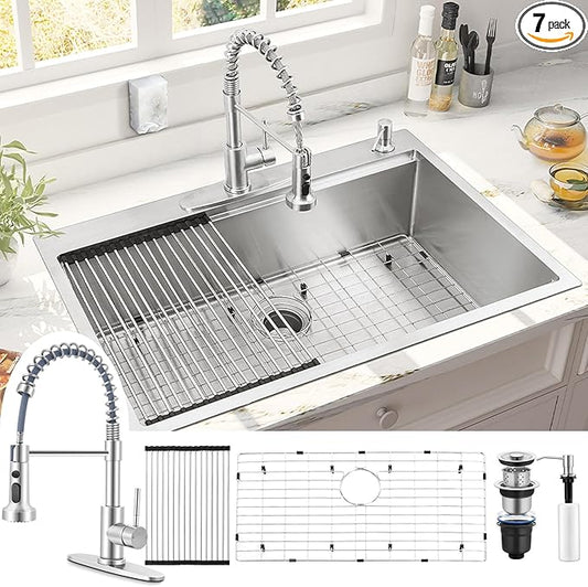 Herogo 33x22Inch Single Bowl Drop In Kitchen Sink, 18/10 16 Gauge Stainless Steel Topmount Handmade 10'' Deep Workstaion Sink with Accessories