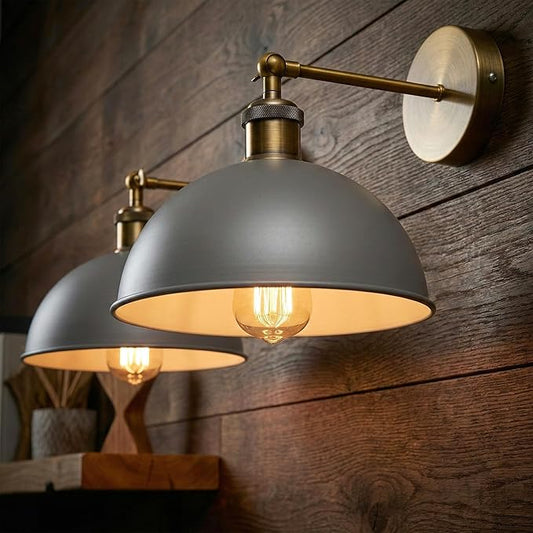 Dome Metal Wall Sconce, 180° Adjustable Industrial Wall Lamp for Bedside, Study, Kitchen, and Living Room Décor. (Grey.)