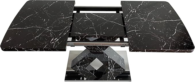 Modern Extended Marble Dining Table for 4-8, Rectangle Kitchen Dining Room Table with Black Marble Top & X-Shape Legs (Black11)