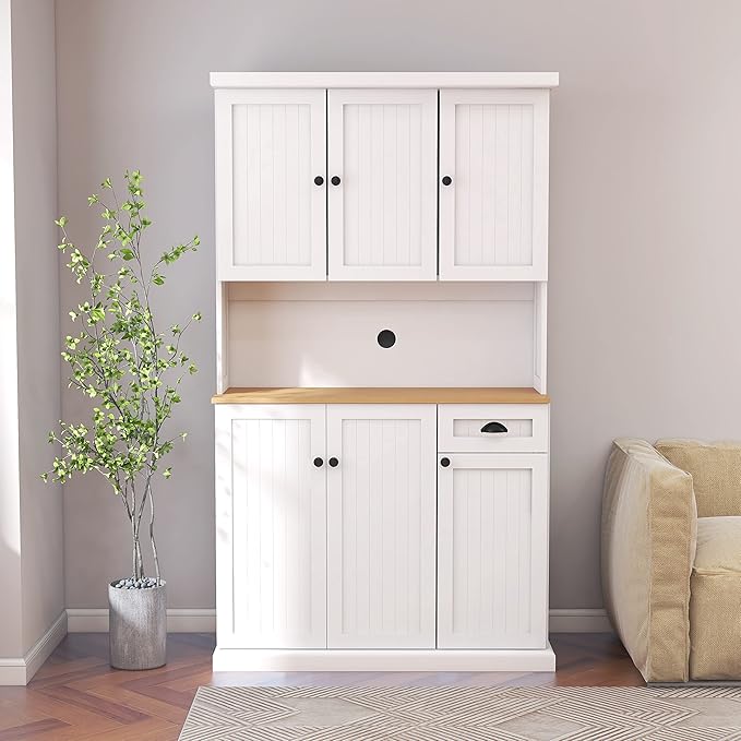 RASOO Kitchen Pantry Cabinet White 71" Freestanding Sideboard Storage Cabinet Furniture Microwave Cabinet with 6 Doors and 1 Drawer
