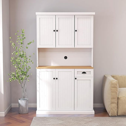 RASOO Kitchen Pantry Cabinet White 71" Freestanding Sideboard Storage Cabinet Furniture Microwave Cabinet with 6 Doors and 1 Drawer