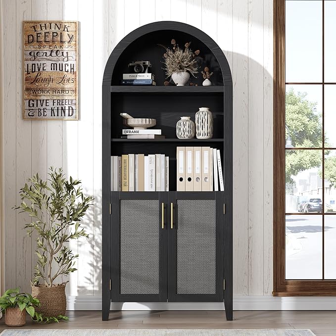 Garvee Arched Kitchen Pantry Storage Cabinet - 5-Tier Open Display Shelf with Rattan Decor, Farmhouse Storage Cabinet for Kitchen, Dining Room, Living Room, Black
