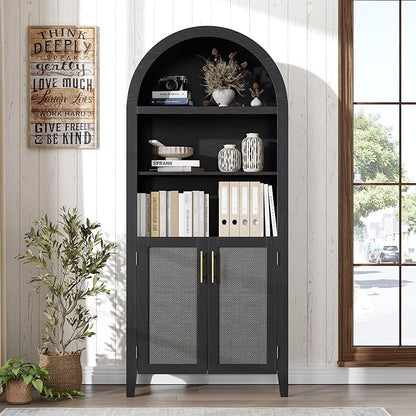 Garvee Arched Kitchen Pantry Storage Cabinet - 5-Tier Open Display Shelf with Rattan Decor, Farmhouse Storage Cabinet for Kitchen, Dining Room, Living Room, Black