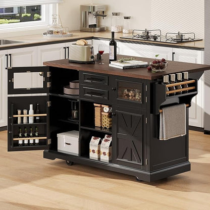 54.9" Kitchen Island with Drop Leaf and Drawers, Rolling Kitchen Cart with Shelves and Storage Cabinet, Kitchen Prep Table on Wheels with Power Outlet and Cross Barn Doors & Visual Glass Door Black