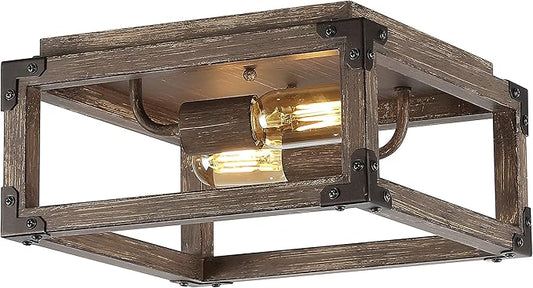 JONATHAN Y 11.5" Brown Oil Rubbed Bronze 2-Light Iron Flush Mount, Rustic Farmhouse Square Ceiling Light for Kitchen Hallway, Barnwood Finish, UL Listed, LED Bulbs Included JYL7472A