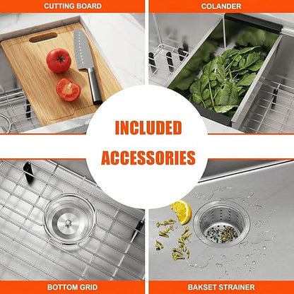 KINGO HOME 33 Inch 18 Gauge Handmade Stainless Steel Single Bowl Farmhouse Sink, Modern Farm Sink 33 Inch Apron Farmer Sinks for Kitchen Rustic With Accessories