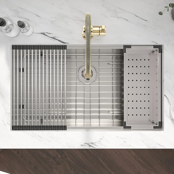 Kichae 36 Undermount Kitchen Sink- 36 x 19 Undermount Sink Ledge Workstation Stainless Steel 16 Gauge Single Bowl Round Corner Handmade with Cutting Board