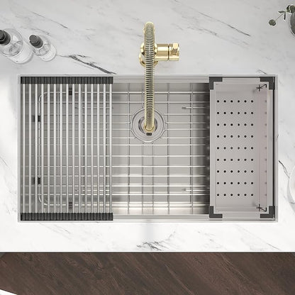 Kichae 36 Undermount Kitchen Sink- 36 x 19 Undermount Sink Ledge Workstation Stainless Steel 16 Gauge Single Bowl Round Corner Handmade with Cutting Board