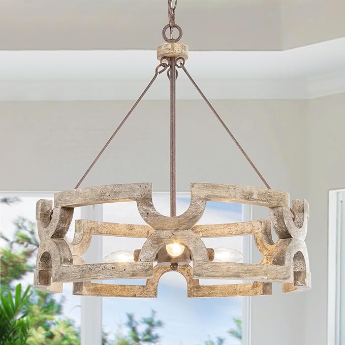 LOG BARN Farmhouse Chandelier, 3-Light Wood Drum Pendant Lights Kitchen Island, 19.5'' Rustic Chandeliers Hanging Light Fixtures for Dining Room Bedrooms Living Room Entryway Foyer