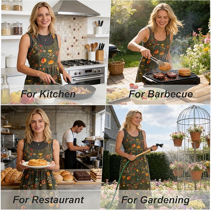Cityelf Vintage Pinafore Apron Dress Snap Adjust Linen Cotton with Pockets Floral Aprons for Cooking Gardening