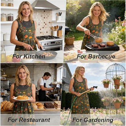 Cityelf Vintage Pinafore Apron Dress Snap Adjust Linen Cotton with Pockets Floral Aprons for Cooking Gardening