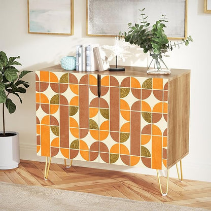 SIGNWIN Sideboard Buffet Cabinet, Kitchen Storage Cabinet with 2 Doors, Orange & Brown Retro Polygon Pattern, Cupboard Console Table for Dining Room - 35" L x 18" W x 29" H