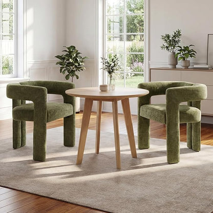 VESCASA Modern Barrel Dining Chairs Set of 2 with Open Back, Chenille Upholstered Accent Kitchen Armchairs with Wood Legs for Dining Room Reception Small Space, Green