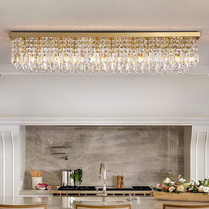 Gold Chandeliers,10-Lights Modern Crystal Chandelier, Rectangular Flush Mount Chandelier,Pendant Light Fixture for Dining Room Kitchen Room Bedroom Bathroom Hotel